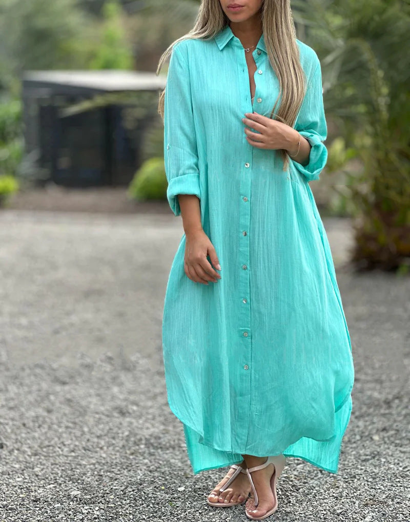 Women's Dress Cotton Linen Shirtdress Fashion Casual Cardigans
