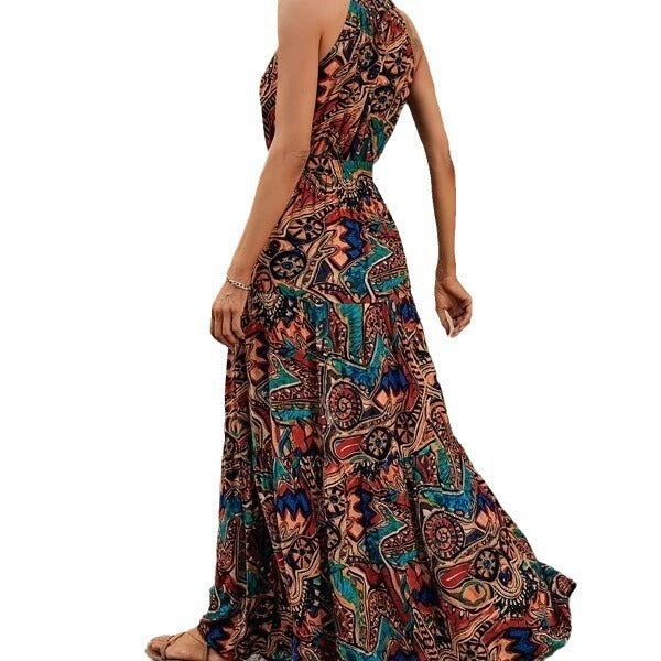 Women's Autumn Vintage Print Halter Bohemian Dress Dresses