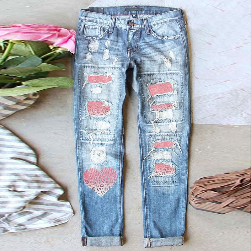 Women's Street Lover Printed Ripped Straight Denim Jeans