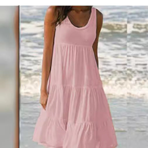 Women's Sleeveless Round Neck Stitching Big Swing Dresses