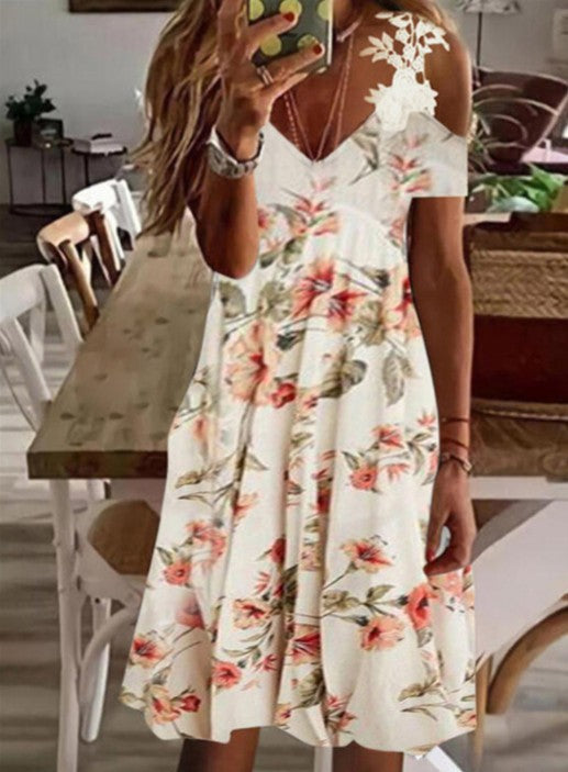 Women's Summer Lace Ruffled Sleeves Printed Dress Dresses