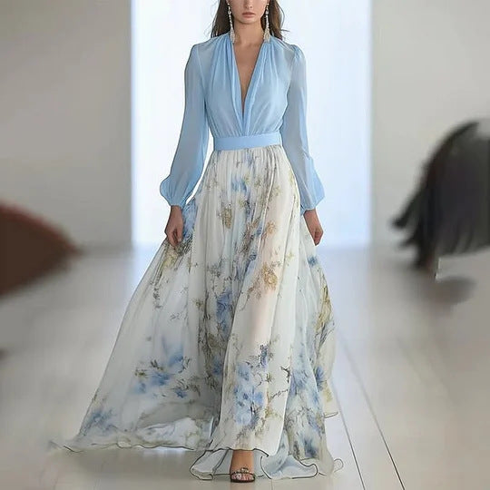 Women's Digital Printing Long Sleeve Collar Patchwork Dresses