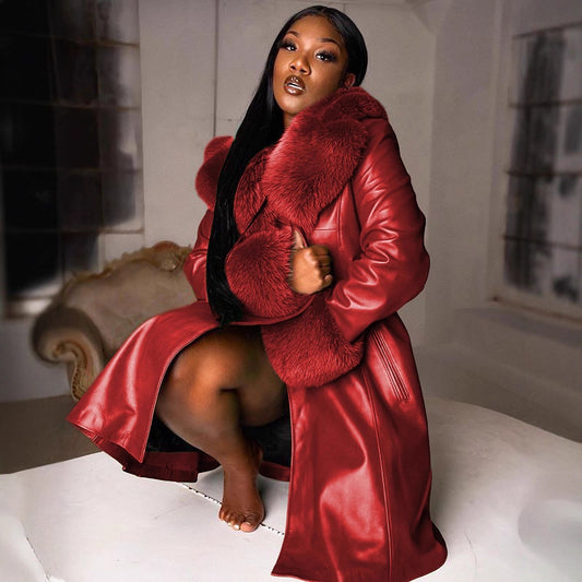 Warm Pure Color Lapel Long Stitching Big Fur Jackets