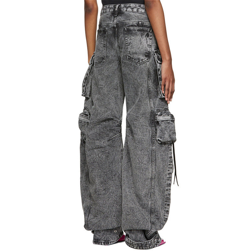 Women's Gray Stitching Cargo Street Washed Worn Pants
