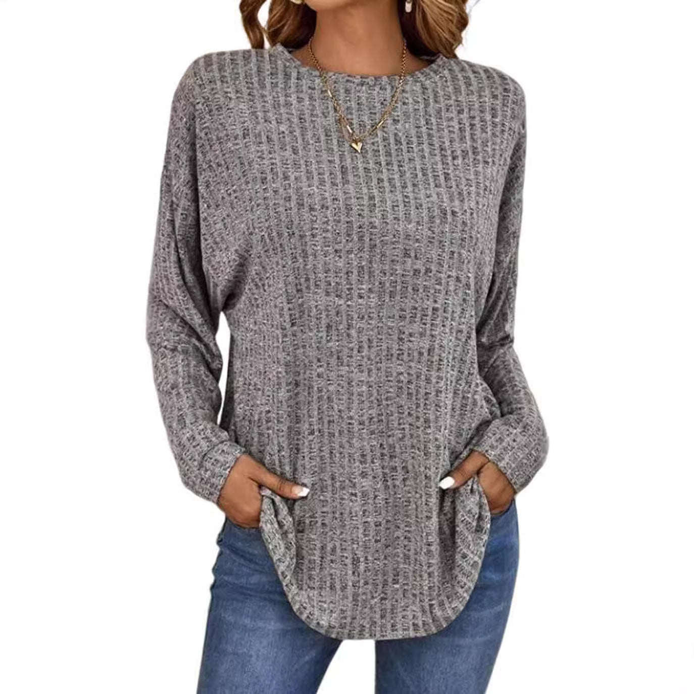 Women's Long Sleeve Round Neck Sunken Stripe Blouses