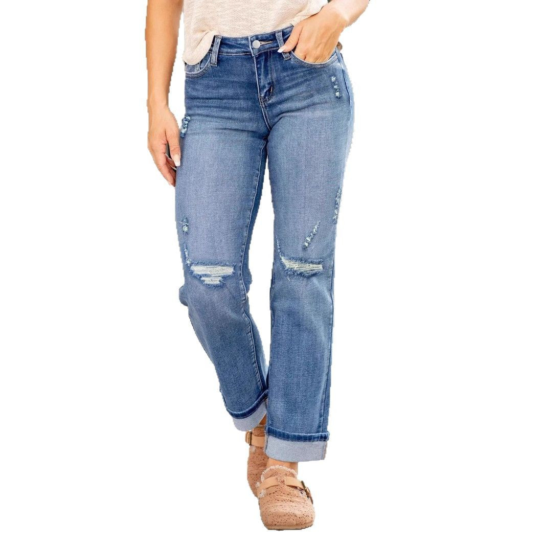 Women's Comfortable Ripped Elastic Straight Denim Trousers Jeans