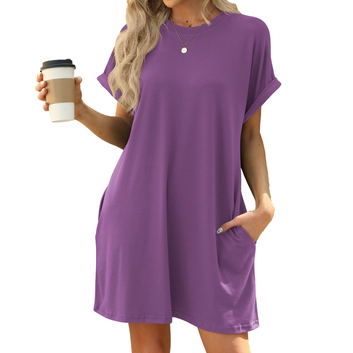 Solid Color Round Neck Pocket Loose Dresses