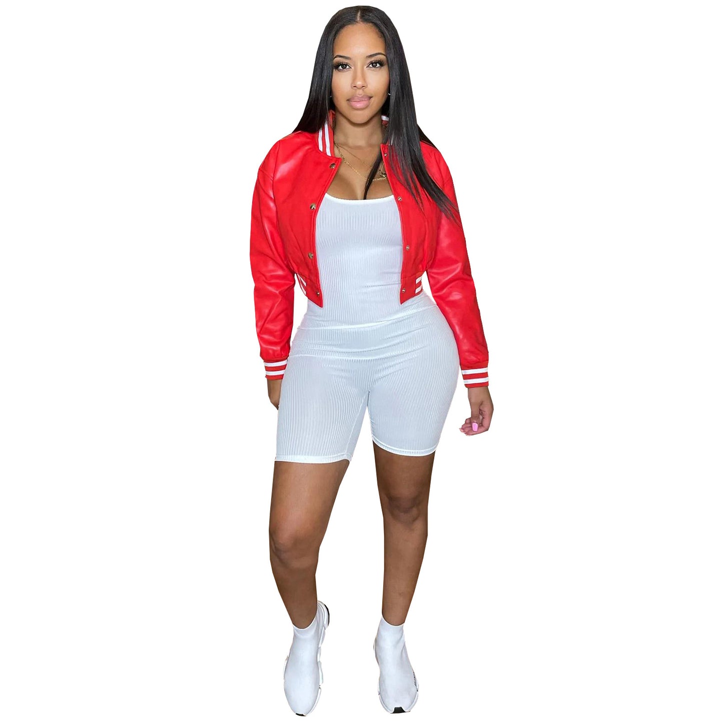 Women's Fashion Wear Thread Stretch Leather Casual Jackets