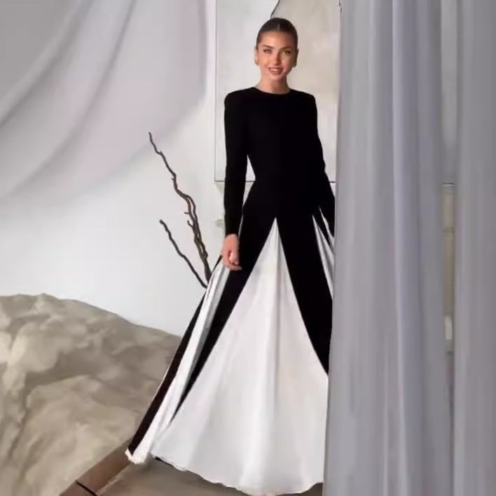 Women's Autumn Fashion Color Contrast Round Neck Dresses