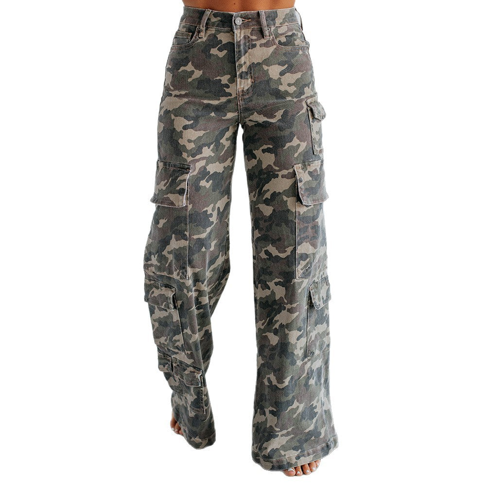 Women's Autumn Fashion Casual Camouflage Straight Worn Jeans