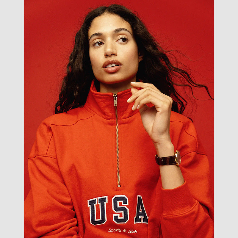 Women's American Niche Letter Printing Zipper Chest Stand Collar Sweaters