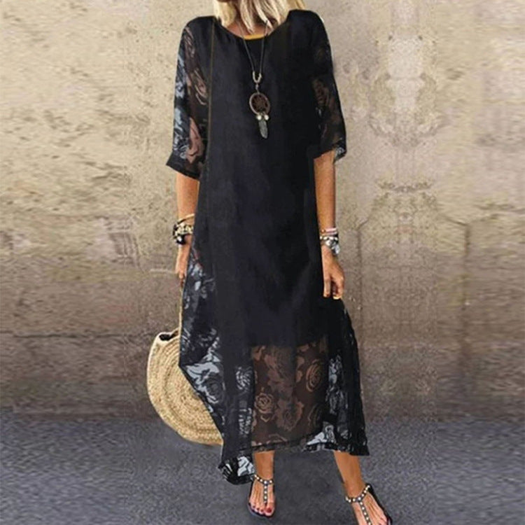 Round Neck Sleeve Lace Long Dress Shorts