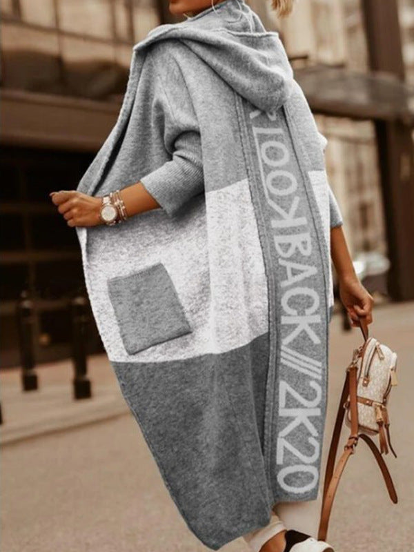 Women's Color Matching Pocket Personalized Letter Hooded Knitwear