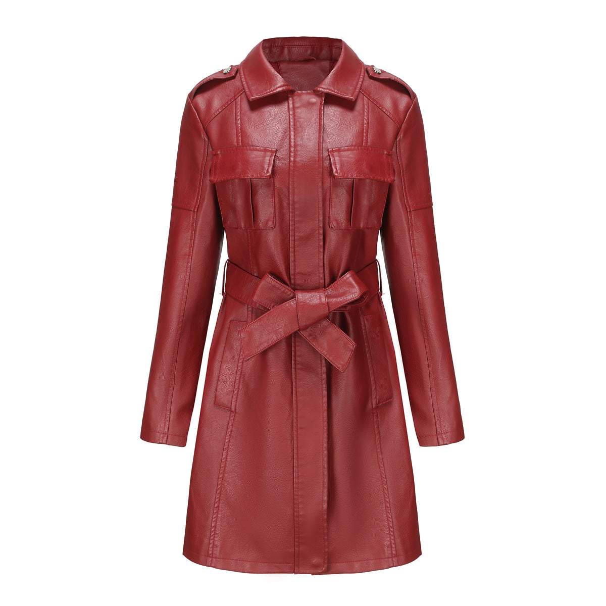 Women's Mid-length Leather Including Belt Long Sleeve Jackets