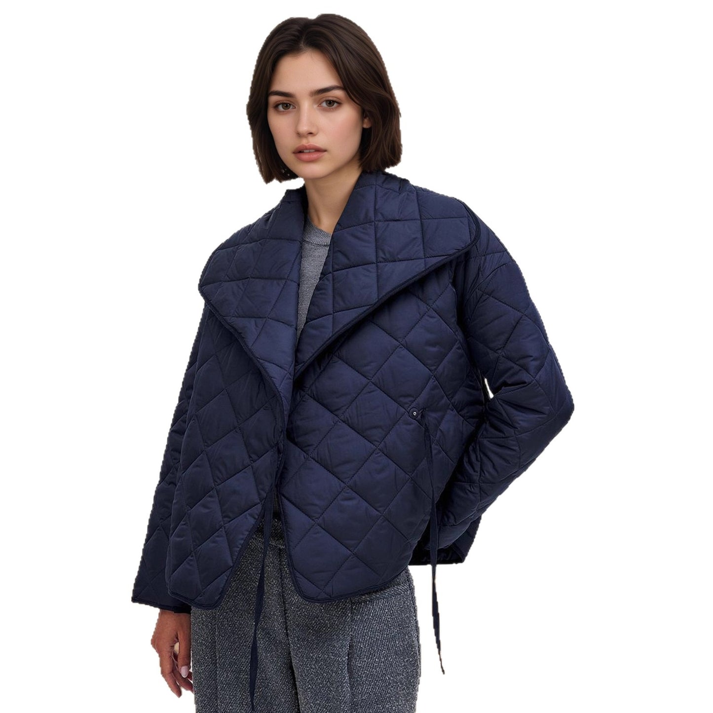 Women's Fashionable Large Lapel Sapphire Blue With Rhombus Quilted Coats