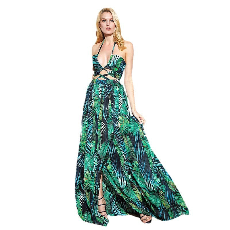 Women's Fashion Sexy Bandeau Printed Lace Up Dress