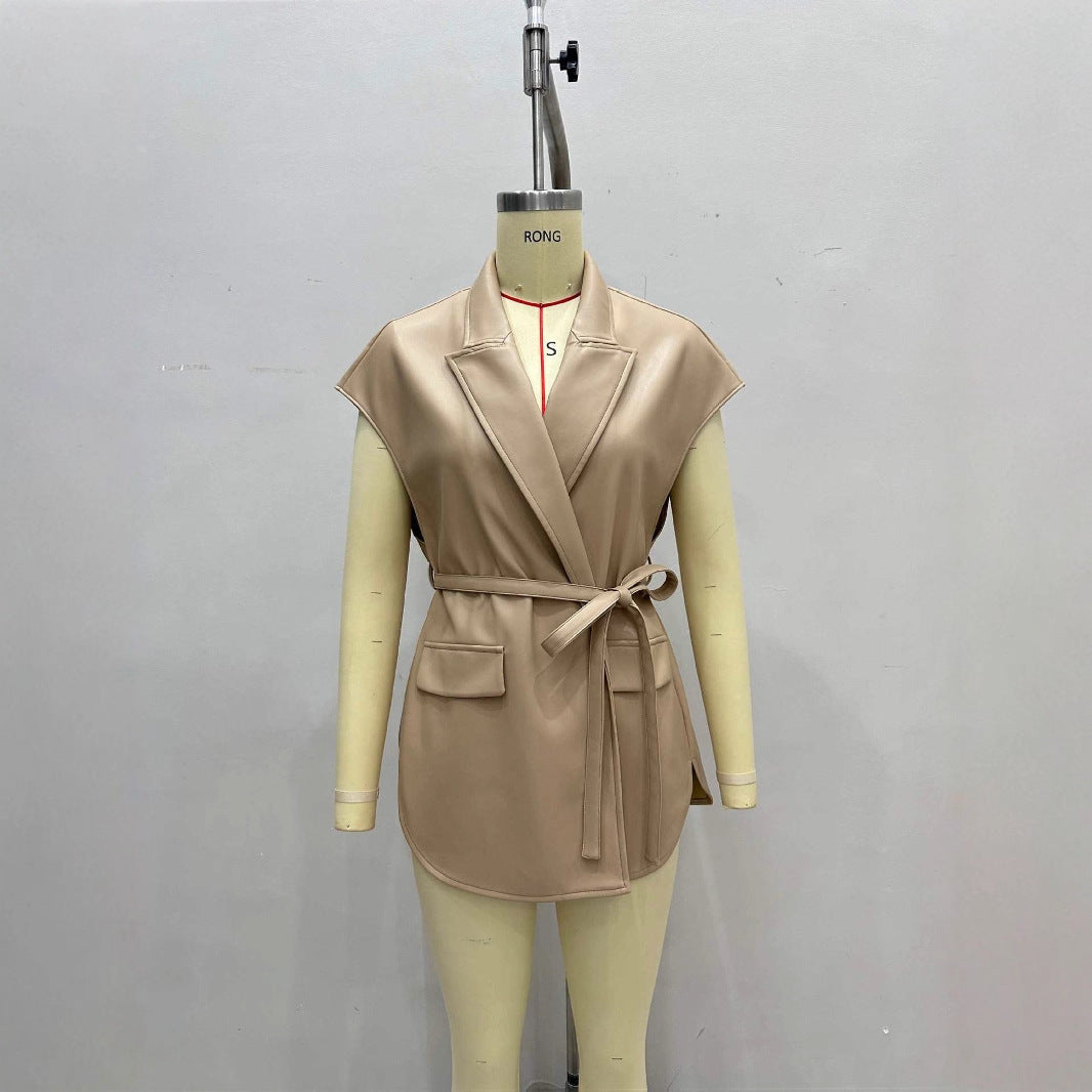 Fashion Tailored Collar Leather High-grade Sleeveless Vests