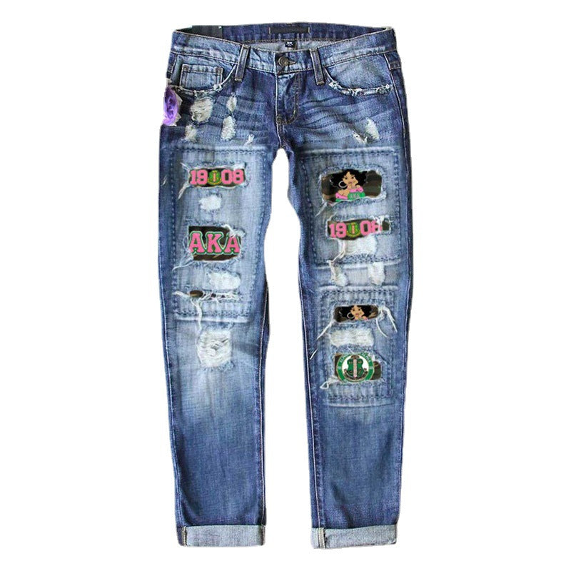 Women's For Ripped Print Lining Stickers Casual Jeans