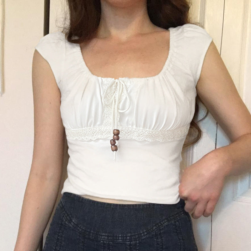 Style Beaded Drawstring Lace Stitching Sweet Pleated Blouses