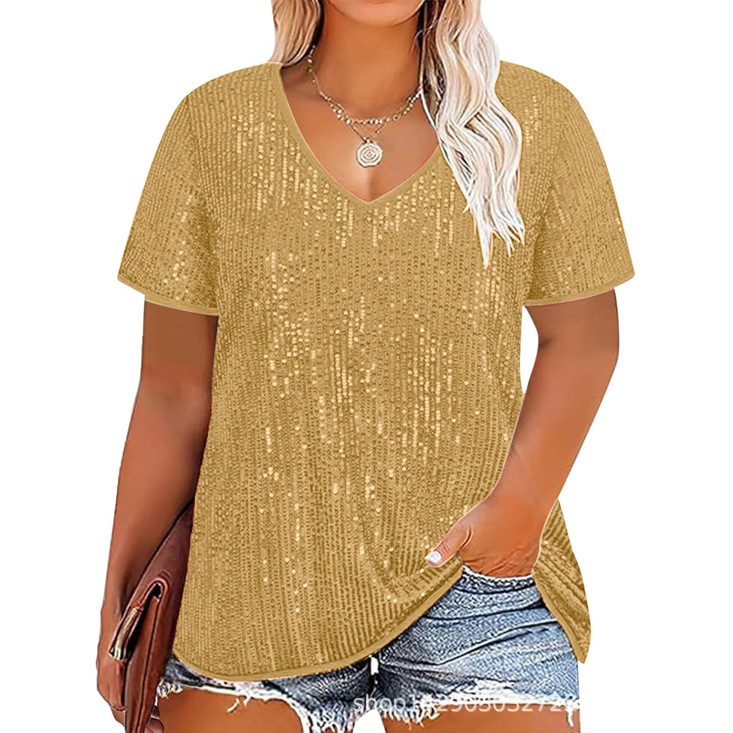 Women's Cross Summer Sexy Sequined Sleeve Loose-fitting Blouses