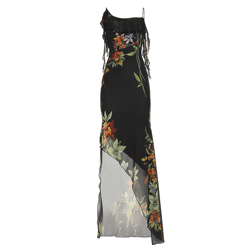 Irregular Pleated Plant Printing Slip Dress Dresses