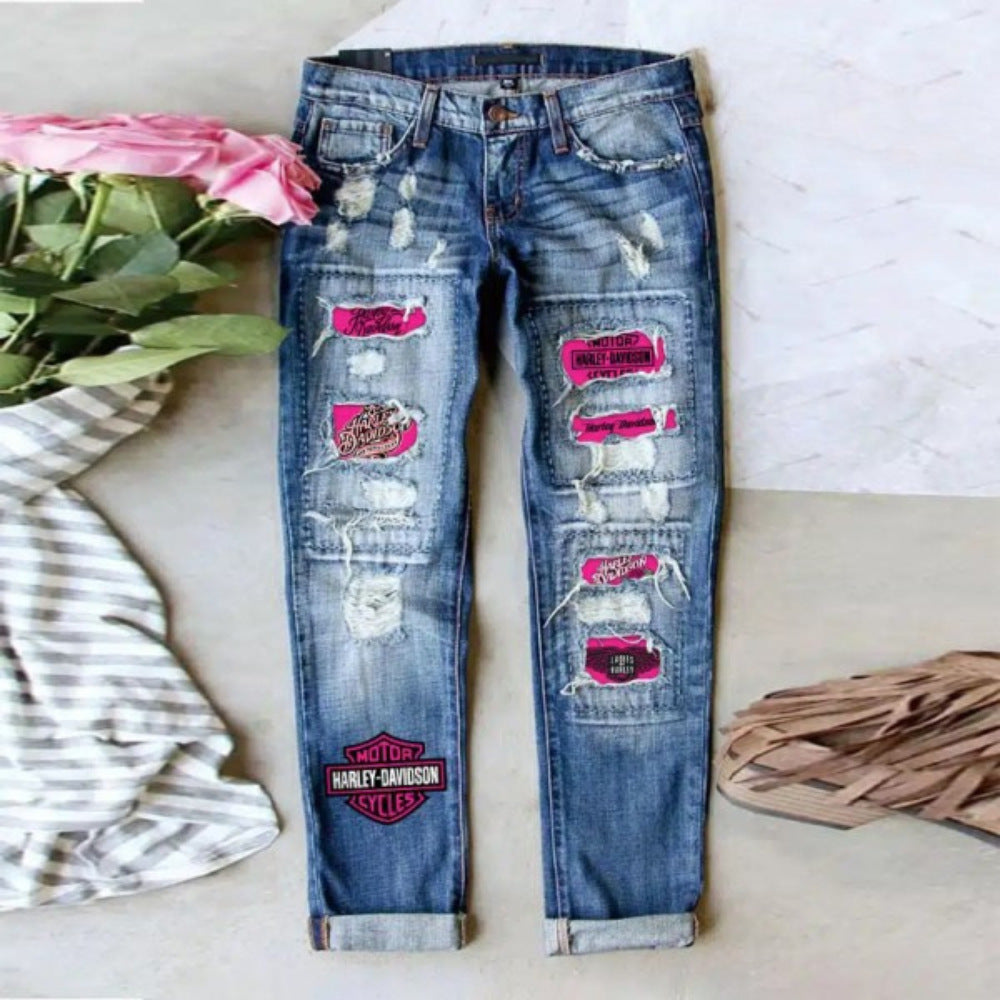 Women's Fashion Holes Printed Patch Straight Jeans