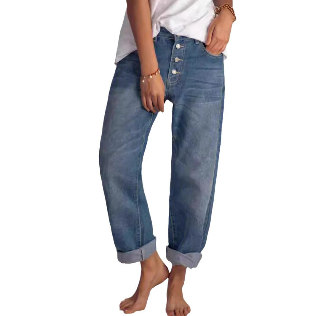 Women's Comfortable British Vintage Single-breasted Cropped Jeans