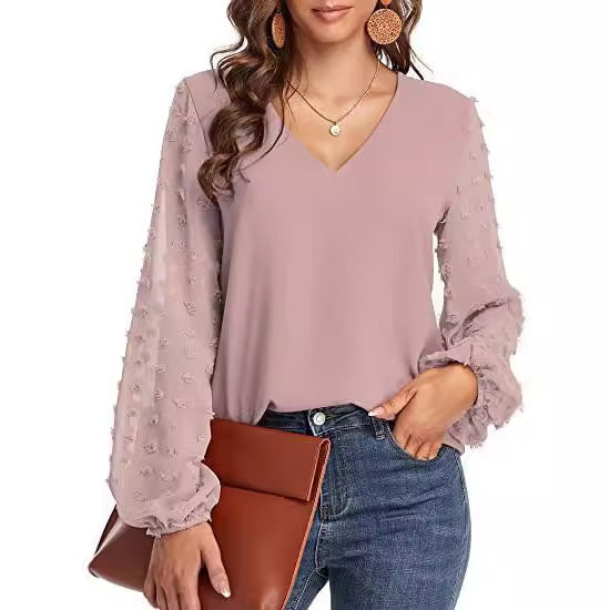 Women's Chiffon Shirt Stitching Big Fur Ball Blouses