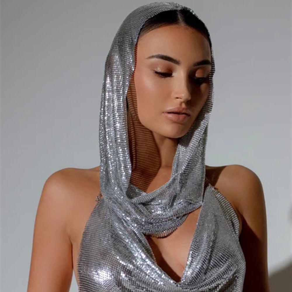 Women's Nightclub Back Slit Metal Sequins Scarf Tops