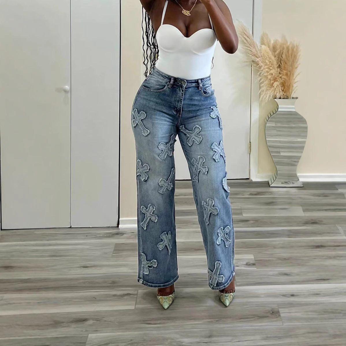 Women's Vintage Washed Denim Tassel Cross Patch Jeans