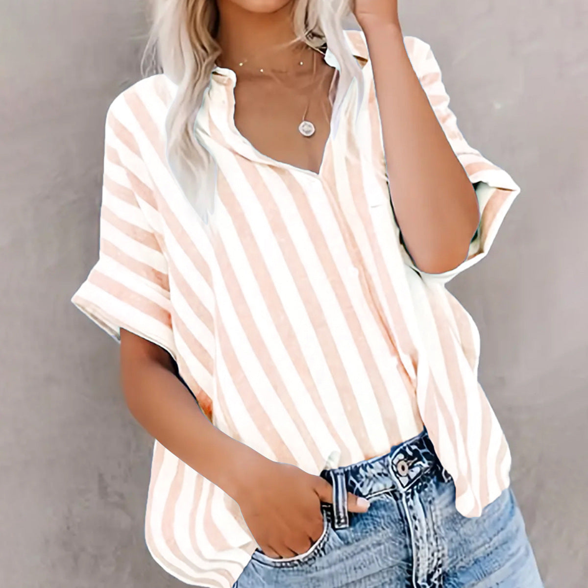 Women's Casual Loose Two-tone Striped Sleeve Shirt Blouses