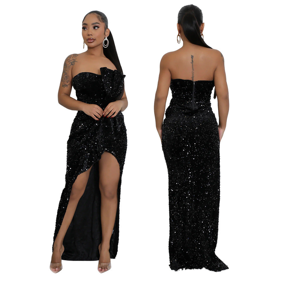 Women's Sequined Dress Sexy Tube Irregular Trailing Dresses
