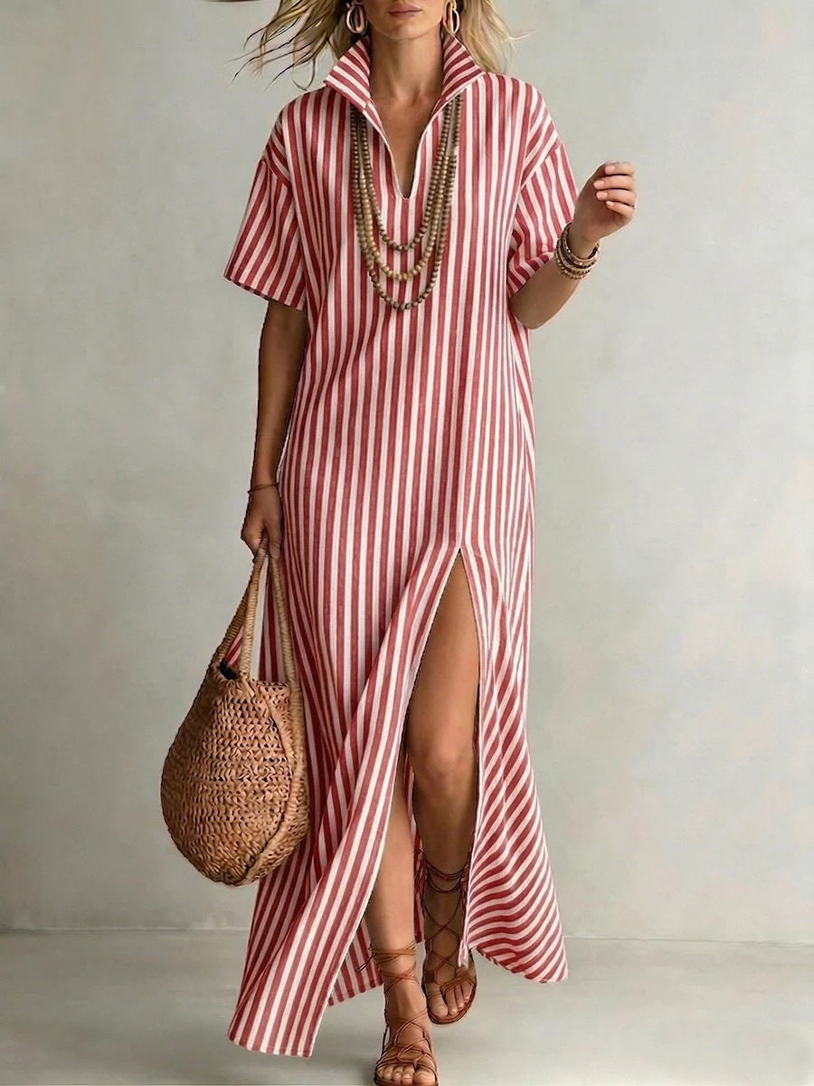 Women's Summer Sleeve Striped Slit For Dress