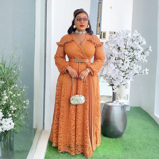 Women's Lightly Mature Cinched Patchwork Lace Dress Dresses