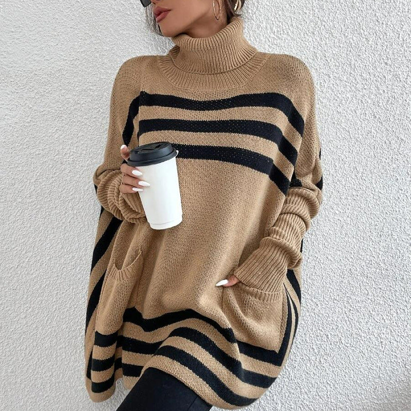 Women's Knitted Turtleneck Striped Batwing Sleeve Cape Coats