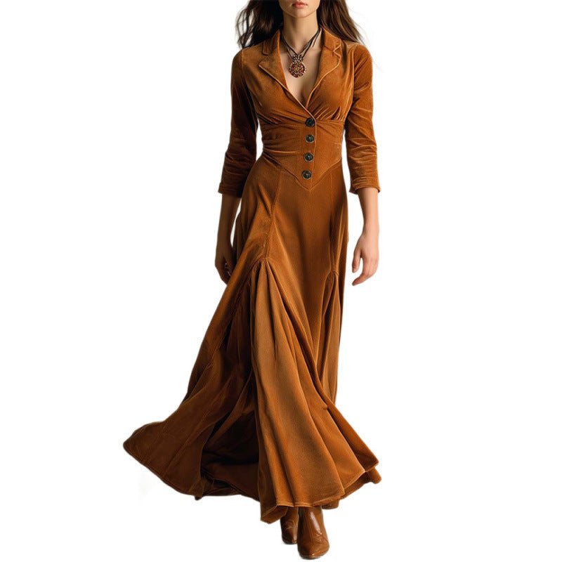 Women's Veet Lapel Temperament Long Sleeve Big Dresses