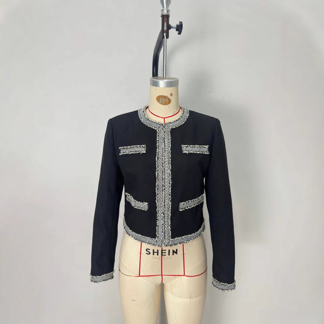 Women's Round Neck Multicolor Trim Design Classic Coats