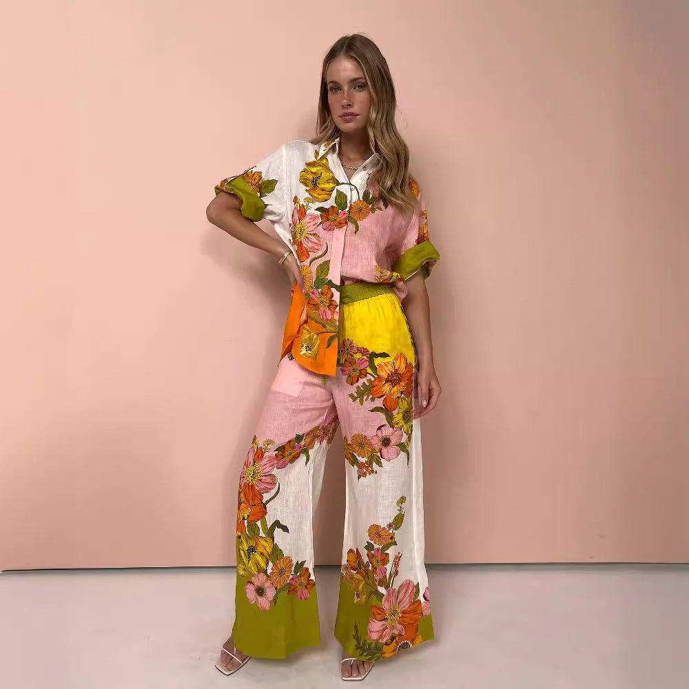 Casual Printed Cotton Linen Two-piece Outfit Suits
