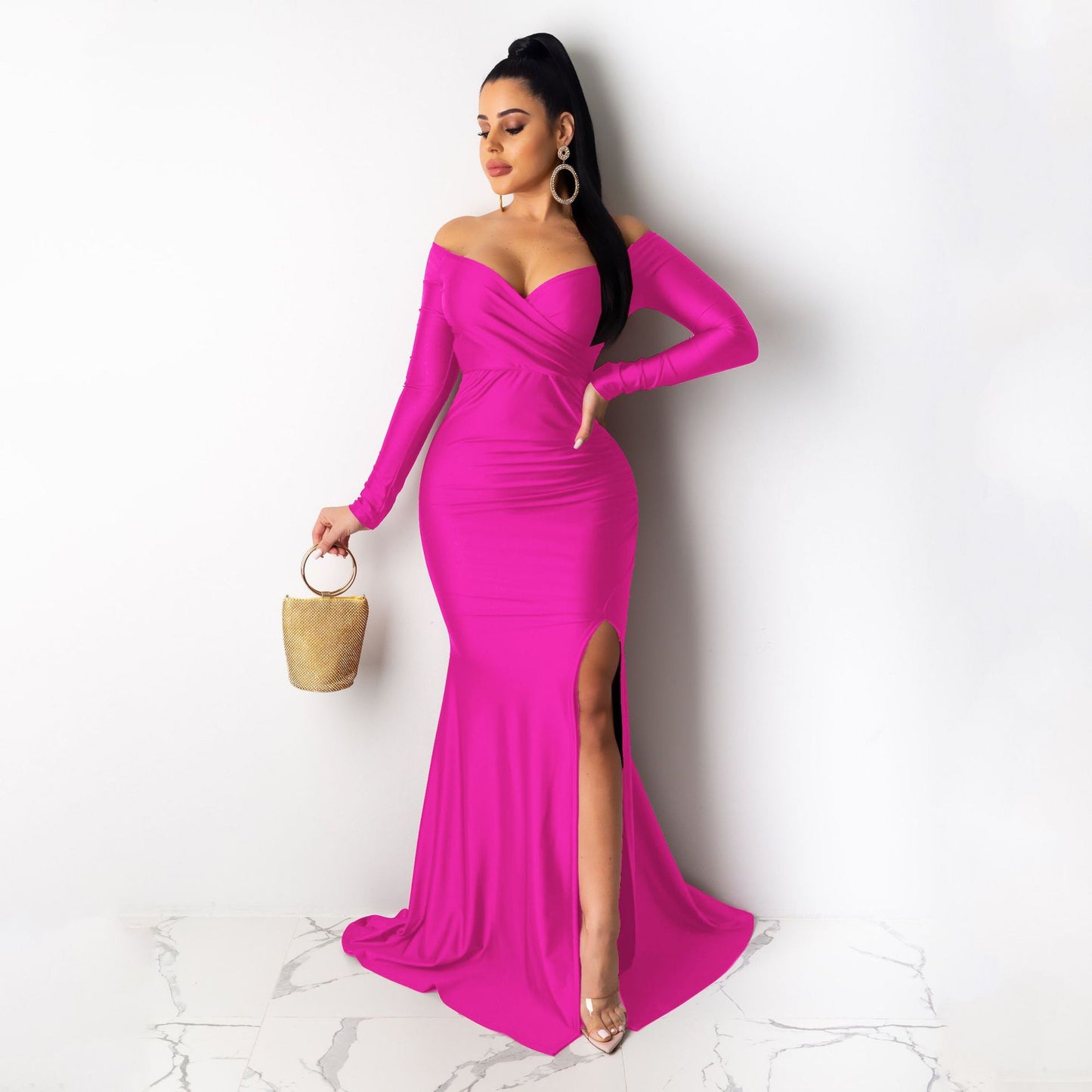 Women's Formal Solid Color Large Slit Long Dresses