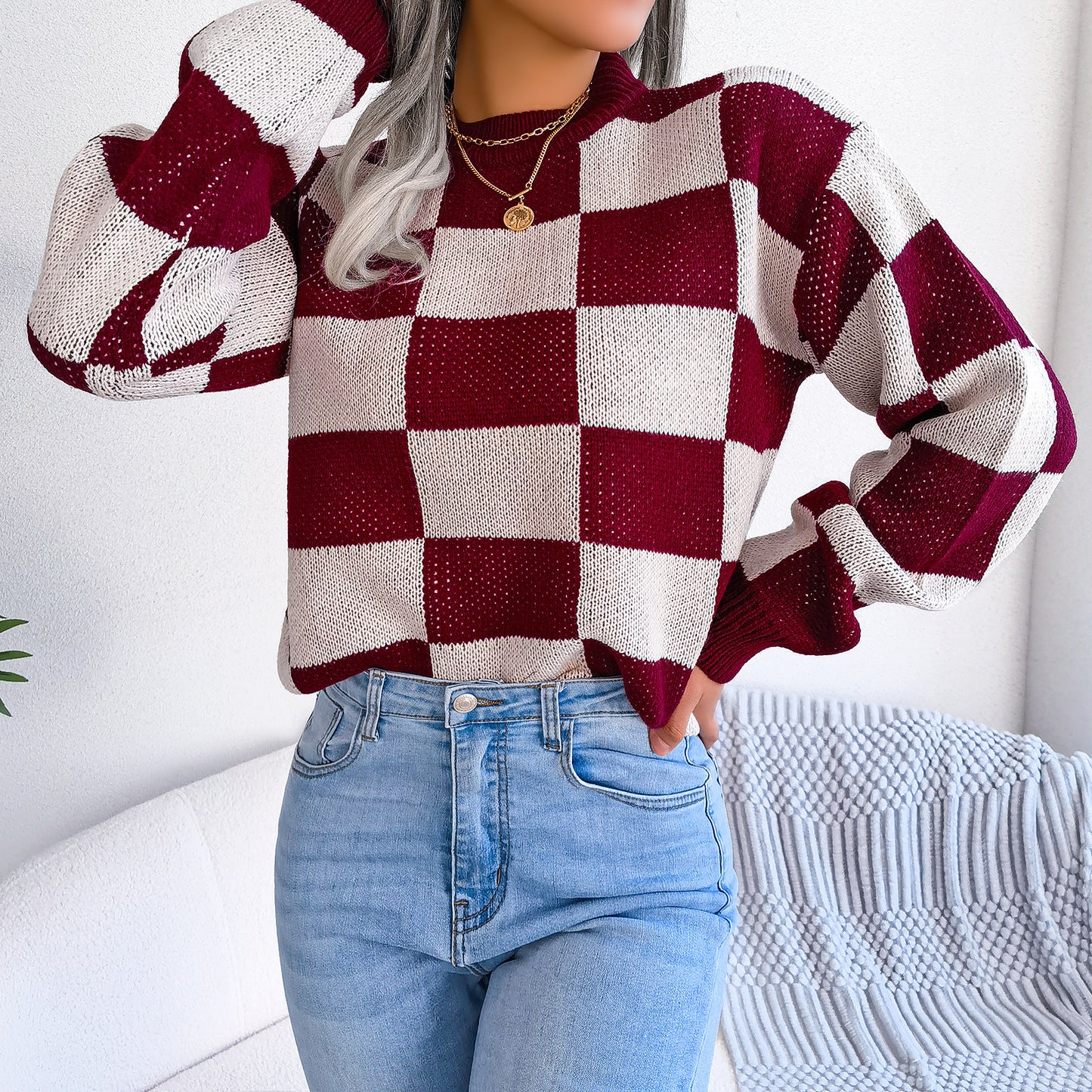 Women's Street Style Check Long Sleeve Pullover Sweater