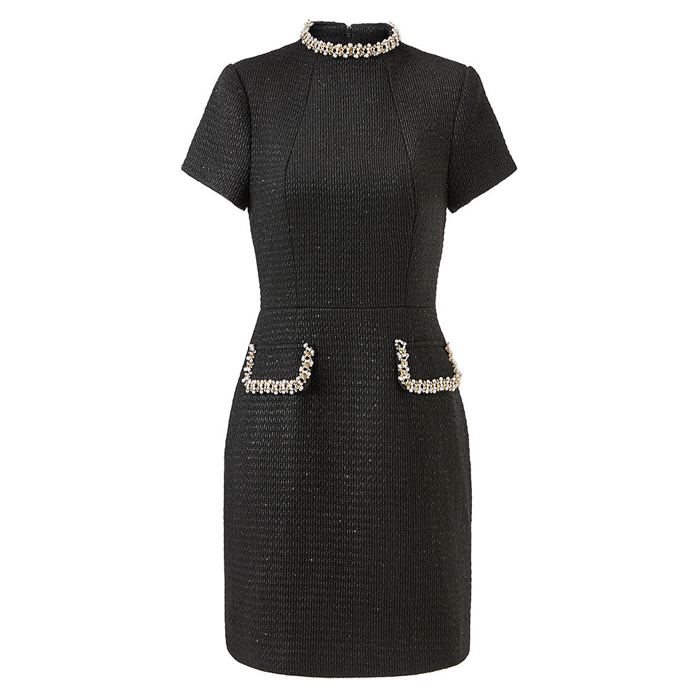 Beige Beaded Small Stand Collar Sleeve Elegant Dresses