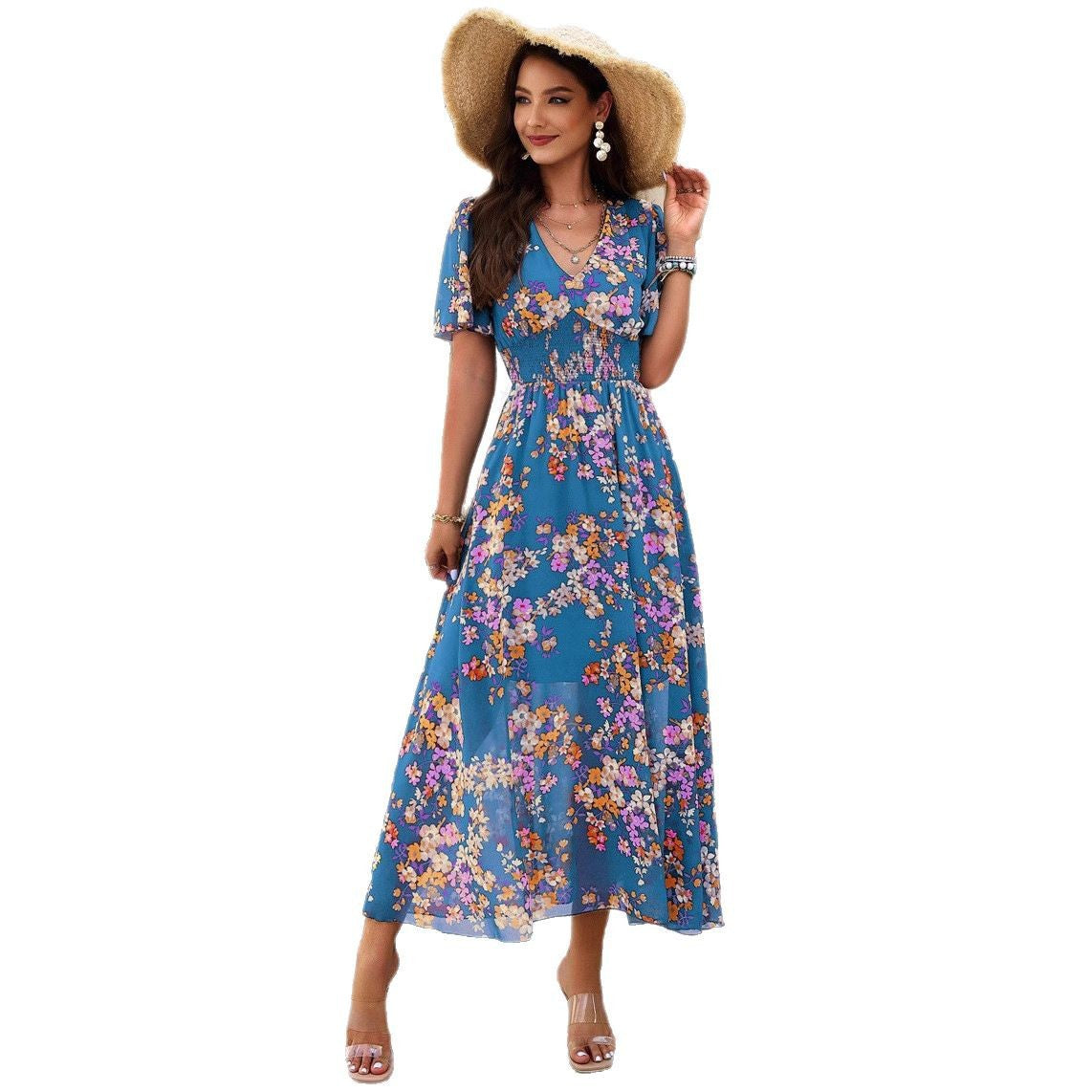 Women's Temperament Printed Waist Trimming Short-sleeved Chiffon Clothing