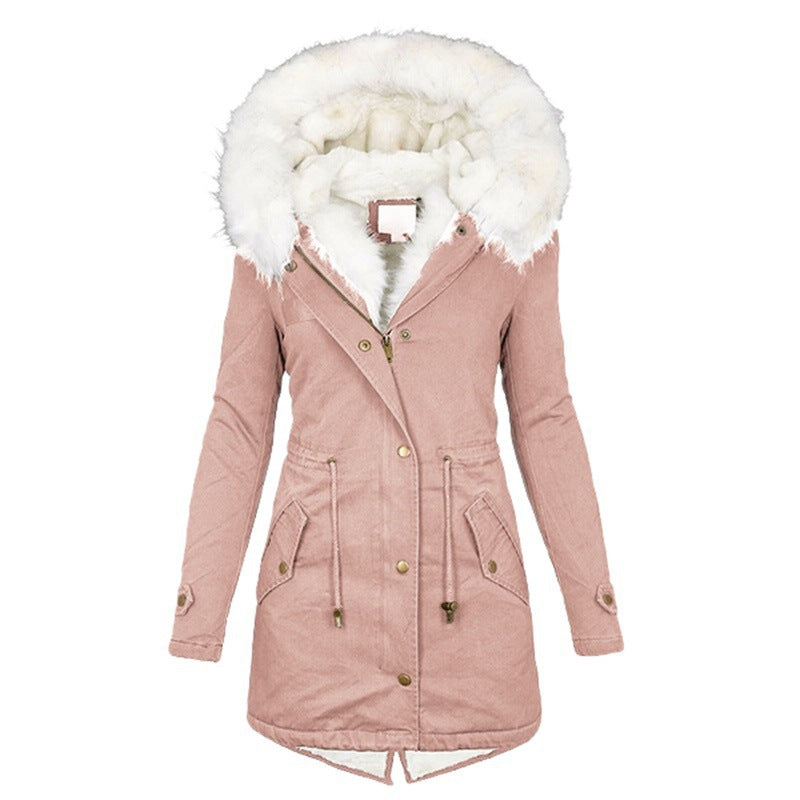 Women's Trench White Fur Collar Hood Warm Coats