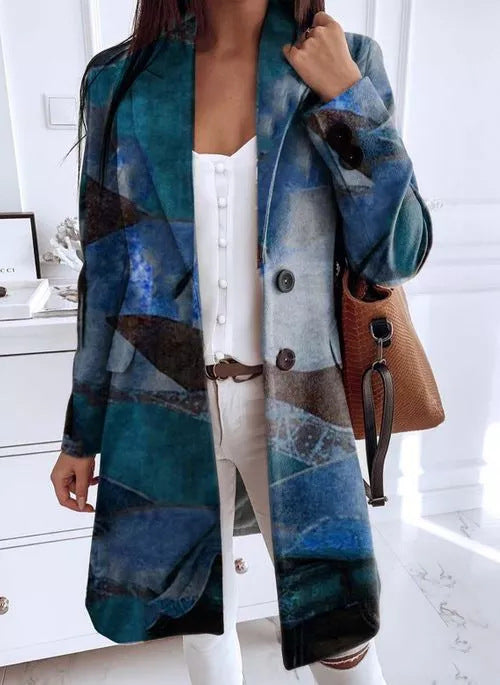 Women's Art Print Loose Oversized Woolen Coats