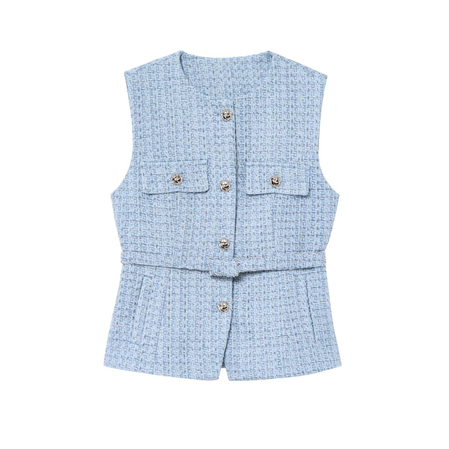 Women's Waistband Sequin Woolen Spring Elegant Metal Button Sleeveless Vests