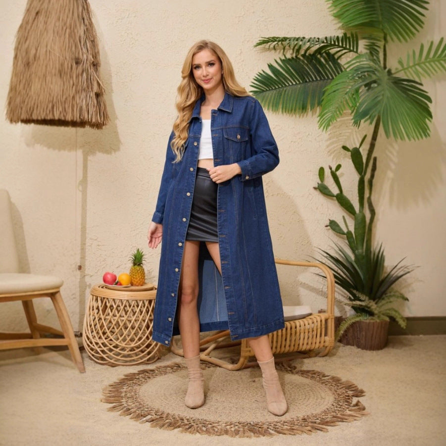 Women's Denim Dark Retro Long Trench Jackets