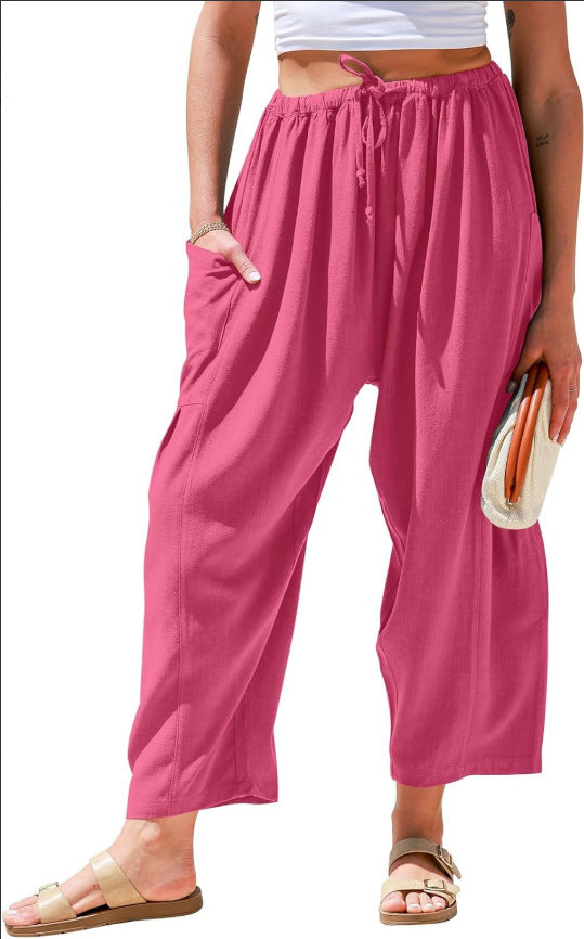 Women's Waist Pleated High Wide Leg Loose Harem Cotton Pants