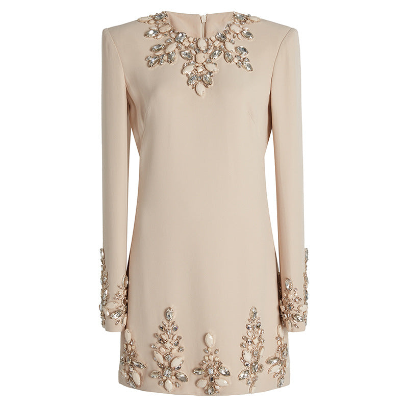 Graceful Fashionable Beads Rhinestones Long Sleeve Dress