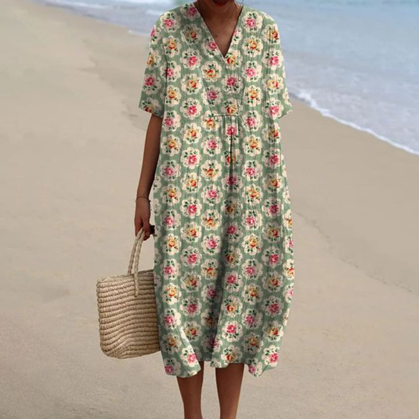 Women's Pocket Sleeve Dress Floral Plant Vacation Dresses
