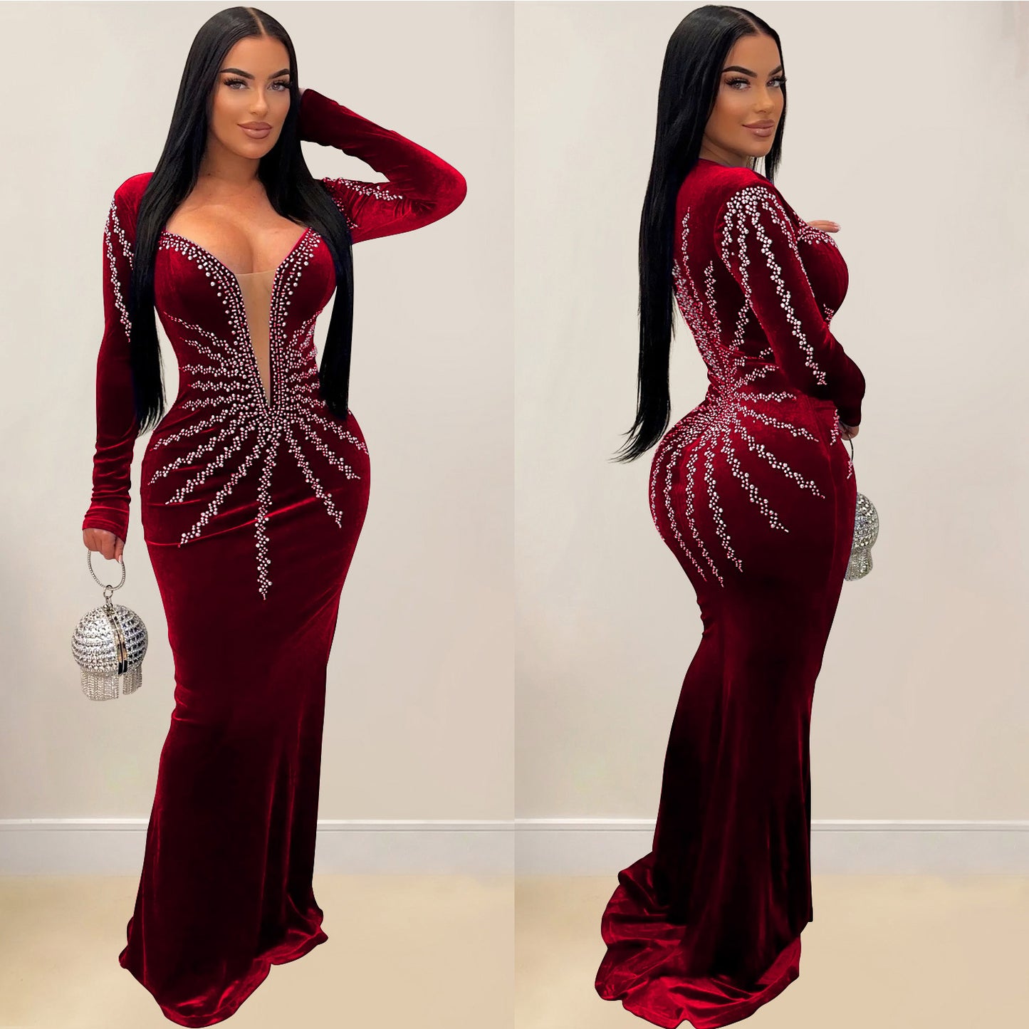 Women's Wear Solid Color Sexy Rhinestone Long Dresses